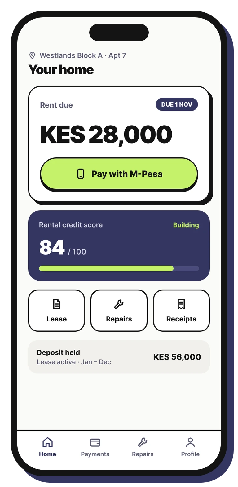 RentorsKE tenant view on a phone, showing rent due and pay with M-Pesa