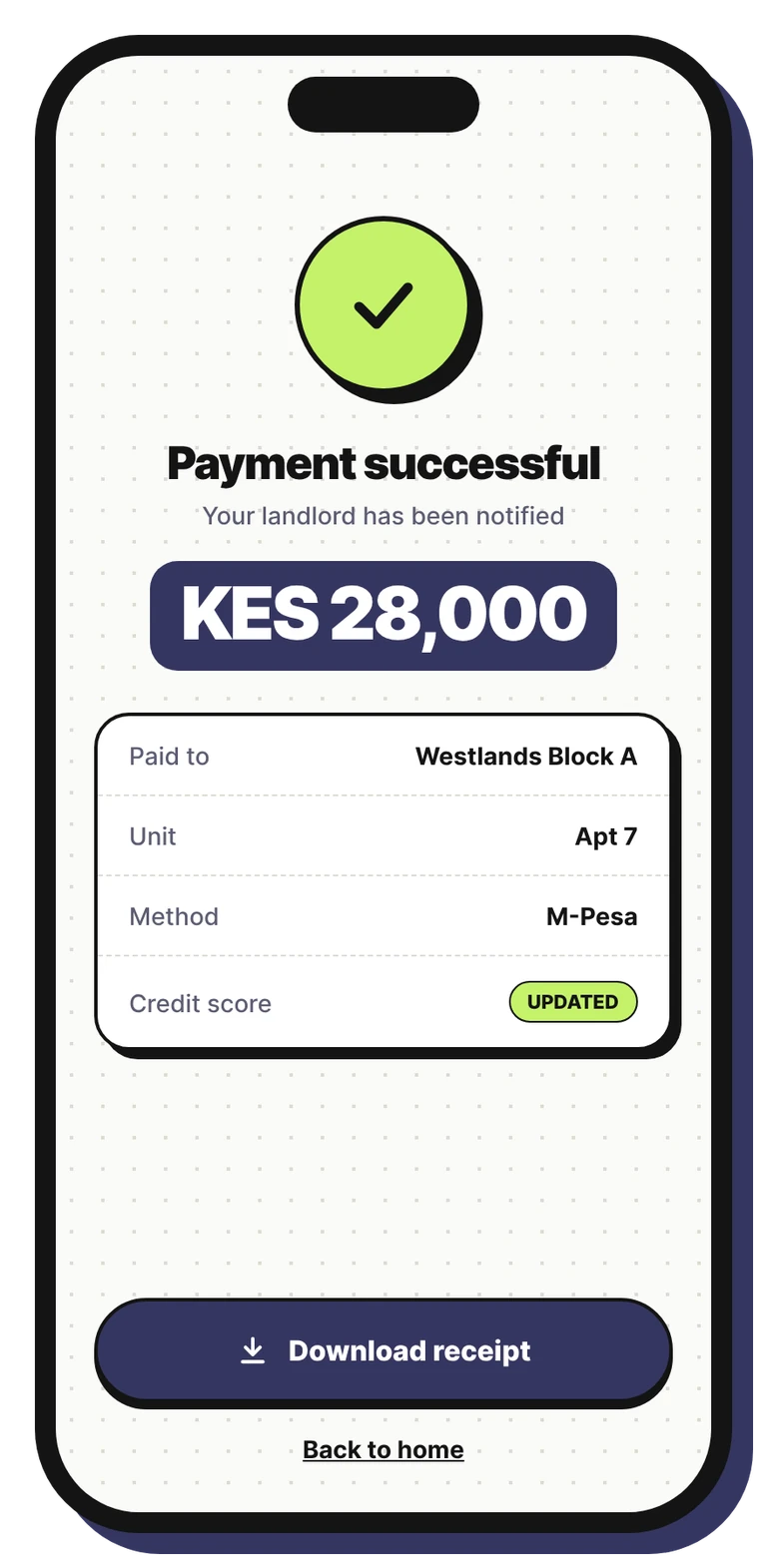 RentorsKE payment confirmation on a phone
