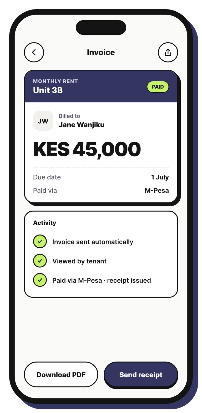 RentorsKE invoice view on a phone