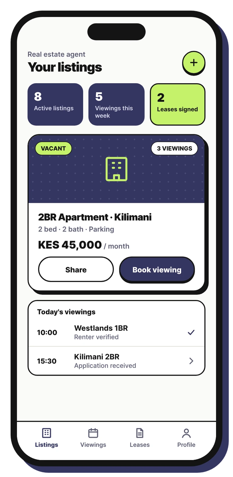RentorsKE real estate agent view on a phone, showing property listings