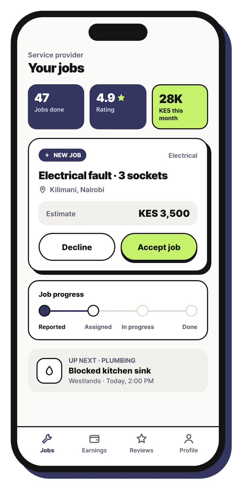 RentorsKE service provider view on a phone, showing job stats and a new electrical job to accept